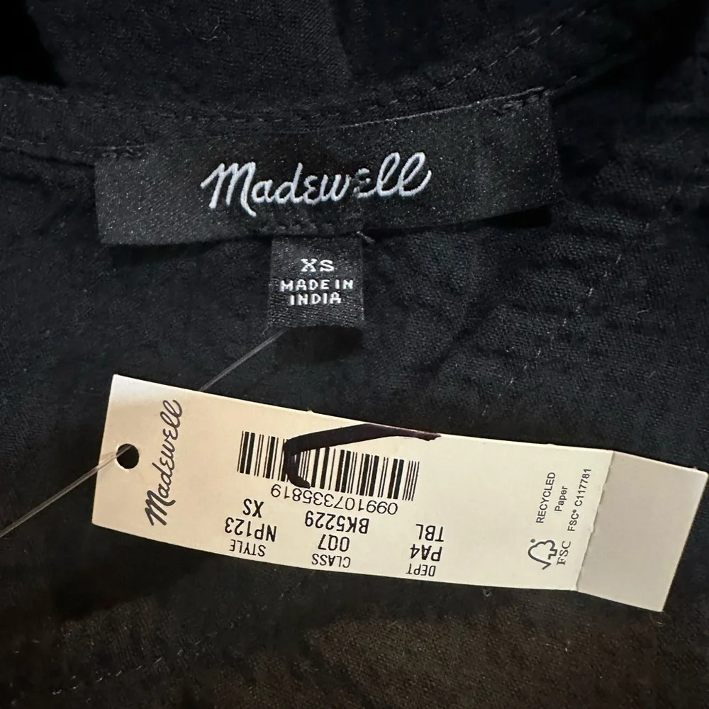 Madewell Smocked Waist Midi Dress Stripe Seersucker Linen Blend Black XS NWT - Picture 10 of 13